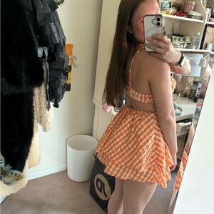 Orange Gingham Two-Piece Crop Top & Skirt Set